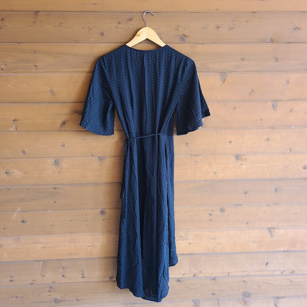 Lulu's Dress Farah Midi Wrap Flare Sleeve Dotted Small Vneck Tie Waist High Low - Picture 4 of 7